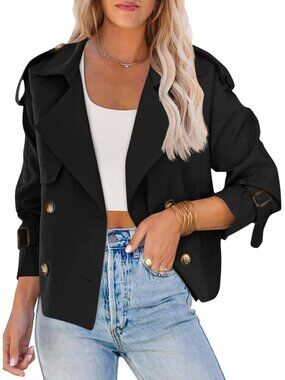 Women's Black Double Breasted Raglan Sleeve Imported Crop Trench Coat